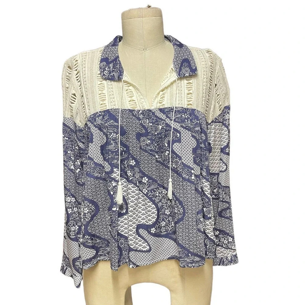 Sea New York Floral Lace Combo Tie Blouse Blue White Size 2